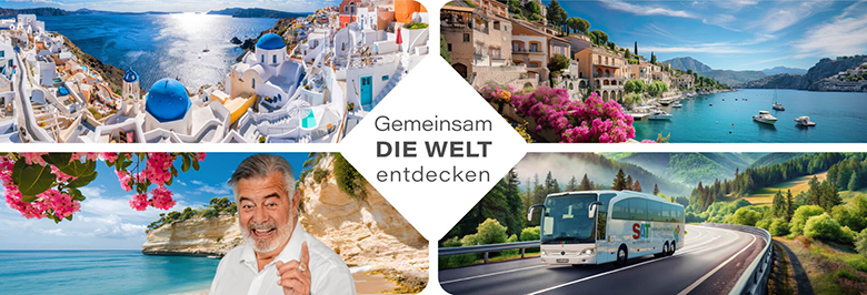 Reise-Collage mit fünf Fotos: Santorini, Küstendorf, lächelnder Mann, Tourbus in Bergen, zentraler Text Gemeinsam DIE WELT entdecken