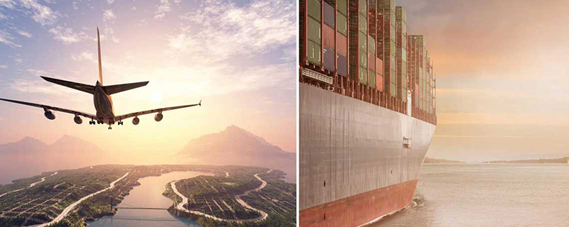 Frachtschiff und Flugzeug im Transportwesen