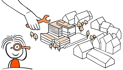 Hand mit Mechaniker Schlüssel, Zeichnen mit Gebäuden