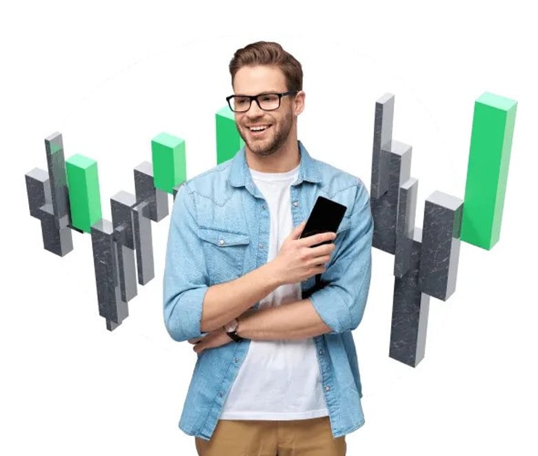 Der Mann hält das Telefon in der Hand