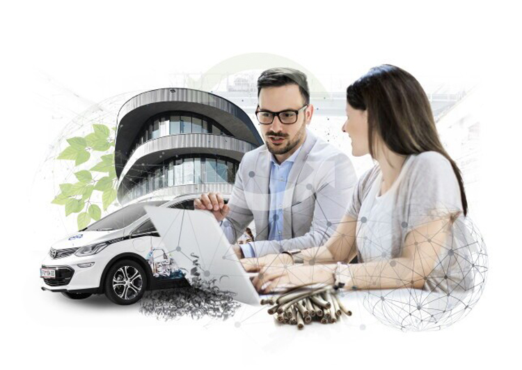 Menschen mit Elektroauto-Hintergrund