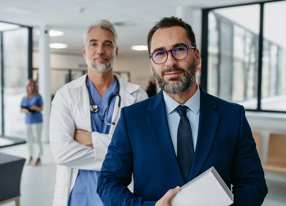 Ein bärtiger Mann im Anzug vor einem Arzt und medizinischem Personal in einem hellen Klinikflur