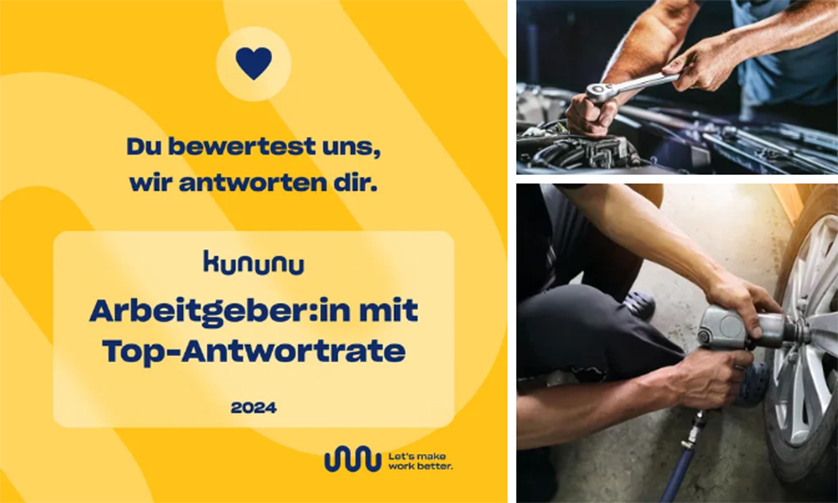 Kununu-Auszeichnung 2024 für Top-Antwortrate, daneben Fotos von Werkstattarbeiten