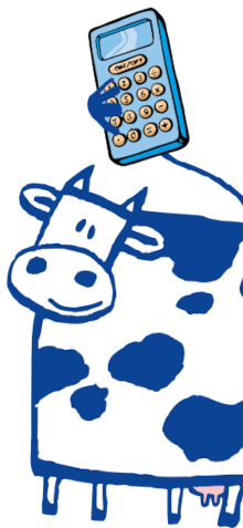 eine Kuh, die mit dem Schwanz einen Rechner hält