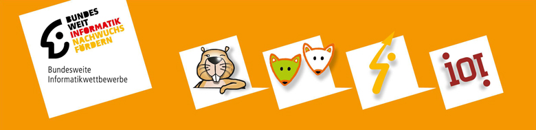 Bundesweit Informatik Nachwuchs fördern – Bundesweite Informatikwettbewerbe - Maskottchen für Biber, Jugendwettbewerb, Bundeswettbewerb und Informatik-Olympiade auf gelbem Grund