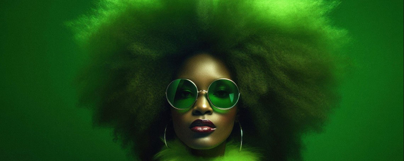 Frau mit grünem Afro und Sonnenbrille