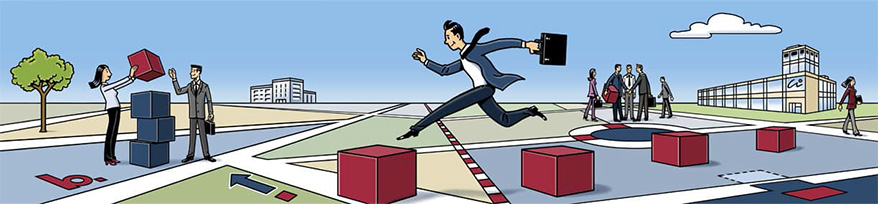 Illustration: Geschäftsmann springt im Laufschritt über rote Blöcke in einer Business-Welt
