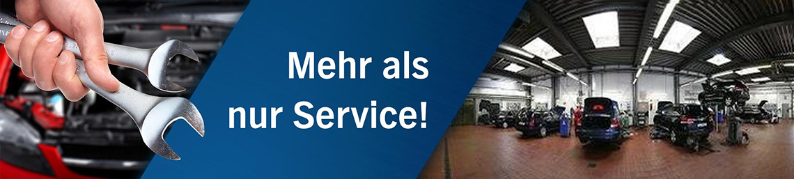 Mechaniker-Hände & Werkstatt-Innenansicht; Text: Mehr als nur Service!